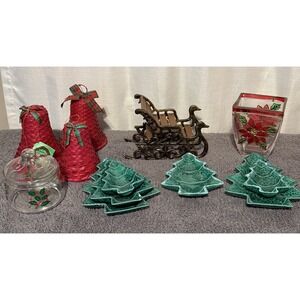 Vintage Christmas Decorations- Cast Iron Sleigh, Woven Bells, Ceramic Trees Etc.